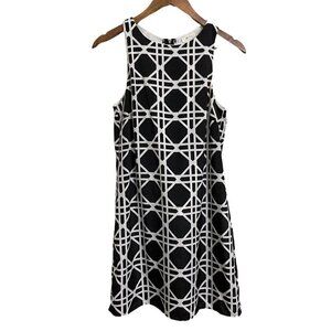 Everly Womens Black White Geometric Stripe Sleeveless Career Shift Dress Medium